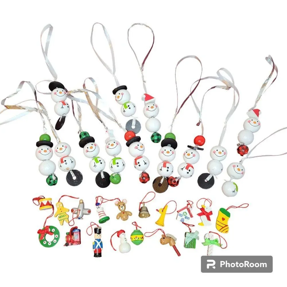Festive Wooden Christmas Snowman Bead & Miniature Wooden Christmas Tree Ornament